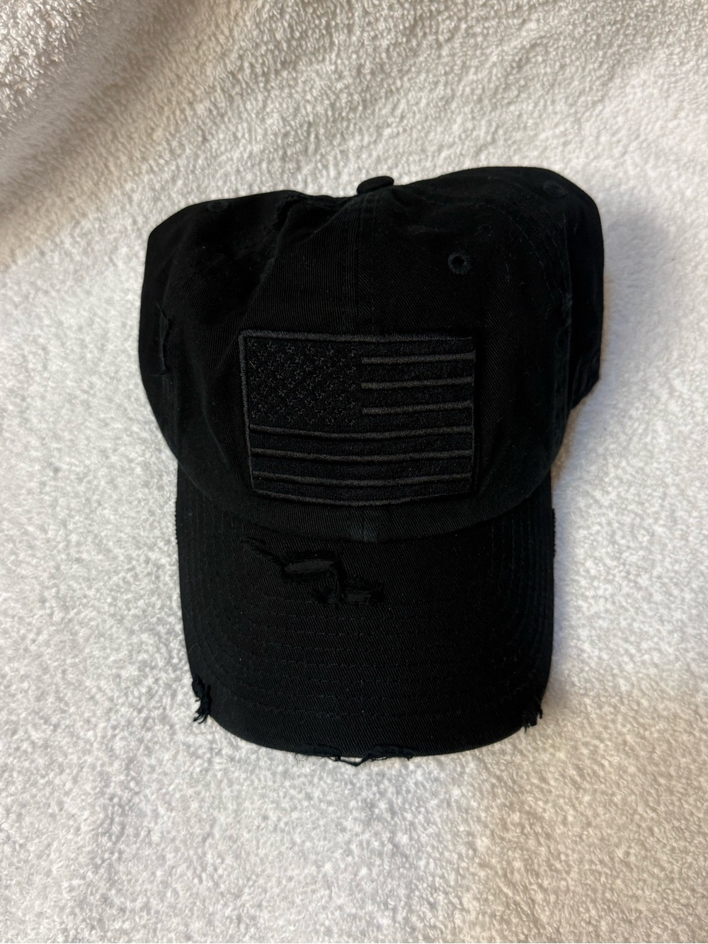 Black Distressed Baseball Cap with Embroidered Flag